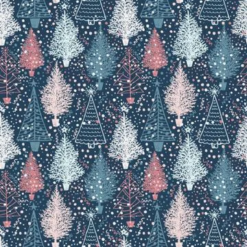 Seamless Vector Christmas pattern with Christmas abstract trees and snow on blue 스톡 일러스트