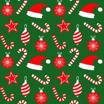 Seamless vector Christmas pattern with Santa hat, candy canes and Christmas.. Stock Illustration