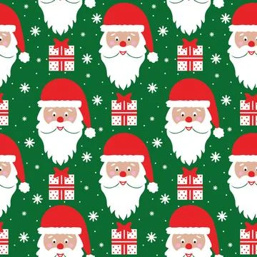 Seamless vector christmas retro pattern with santa head, gifts and snowflakes 库存插图