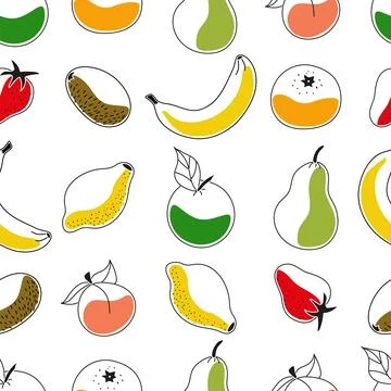 Seamless vector contour colorful pattern of fruits - apple, lemon, kiwi, pe.. Illustrazione stock