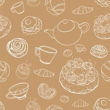 Seamless vector contour pattern with baking, pastries, cakes, tea Stock Illustration