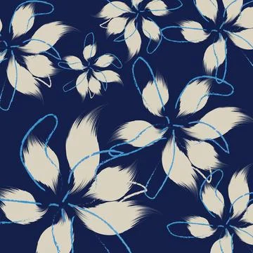 A seamless vector cream flowers with leaf pattern on blue background. Blue .. Stock Illustration