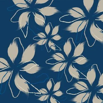 A seamless vector cream flowers with leaf pattern on blue background Stock Illustration
