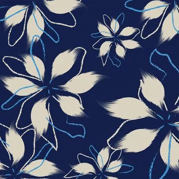 Seamless vector cream flowers with leaf pattern on blue background vector. .. イラスト素材