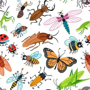 Seamless vector cute beetles pattern for kids Stock Illustration