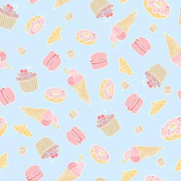 Seamless vector cute sweet pattern with muffins and donuts ice cream macaroon Stock Illustration