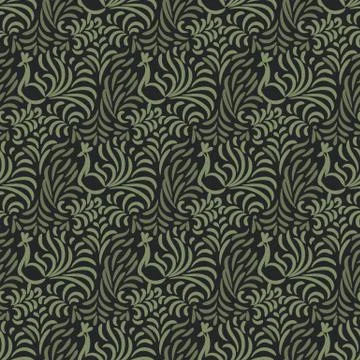 Seamless vector damask pattern with peacock birds and botanical ornament Stock Illustration