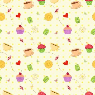 Seamless vector dessert food pattern with cupcakes, macaroons an Illustrazione stock