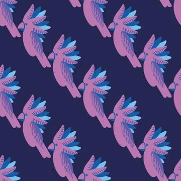 Seamless vector diagonal stripes pattern with purple parrots Stockillustratie