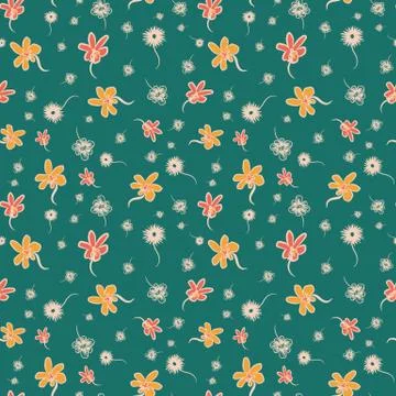 Seamless vector ditsy pattern with doodle flowers on a teal background Stock Illustration