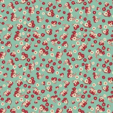 Seamless vector ditsy pattern with red and light flowers on pale teal background Stock Illustration
