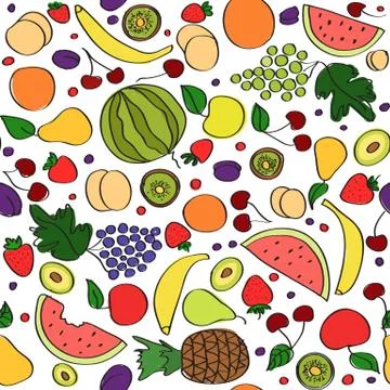 Seamless vector doodle cartoon pattern of summer fruits Stock Illustration