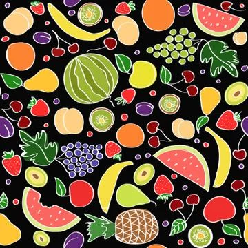 Seamless vector doodle cartoon pattern of summer fruits  on blac Stock Illustration