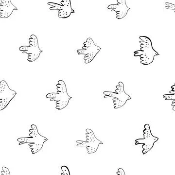 Seamless vector doodle pattern with black birds. Stock Illustration