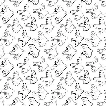 Seamless vector doodle pattern with black birds. Stock Illustration