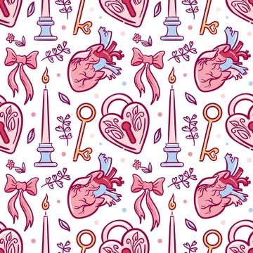 A seamless vector doodle pattern featuring a lock, key, candle, bowknot, and Stock Illustration