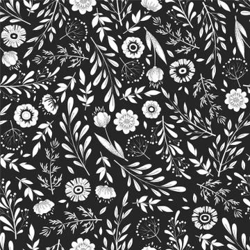 Seamless vector doodle pattern with hand drawn flowers, herbs, leaves and bra Stock Illustration