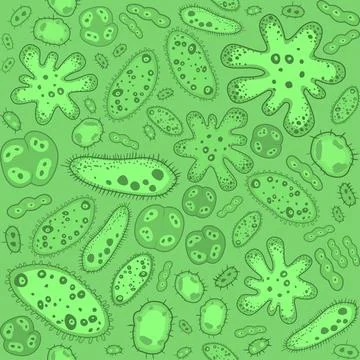 Seamless Vector doodle pattern of Microbes, bacteria and virus, microorganism 스톡 일러스트