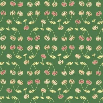 Seamless vector doodle pattern with pink cherries on green background Stock Illustration