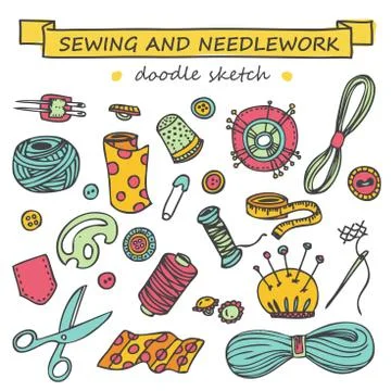 Seamless vector doodle sewing and needlework set Stock Illustration