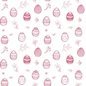 Seamless vector easter background, in red colors. Eggs, flowers, butterflies Stock Illustration