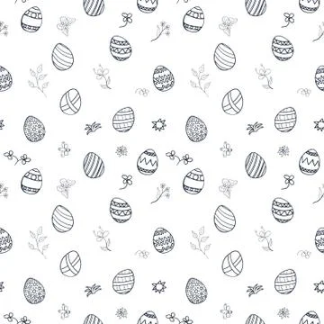 Seamless vector EASTER in blue: eggs with patterns, flowers, butterflies. 库存插图