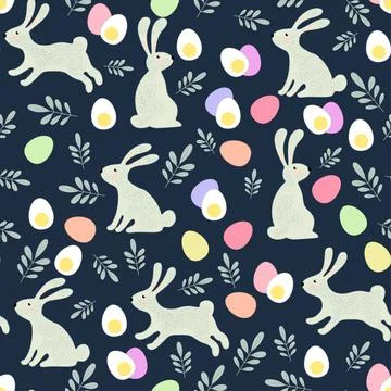 Seamless vector easter bunny pattern. Rabbit and eggs endless background. EPS 스톡 일러스트