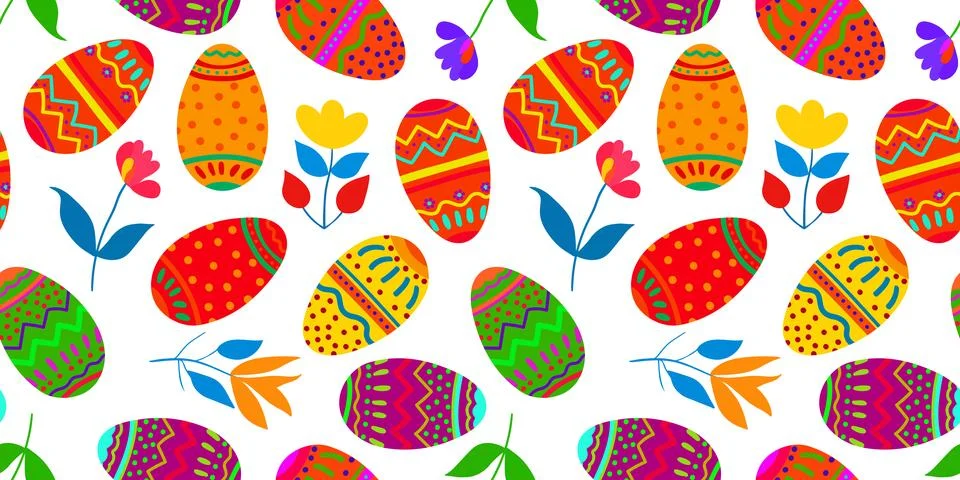Seamless vector easter pattern with colorful traditional eggs and spring fl.. イラスト素材