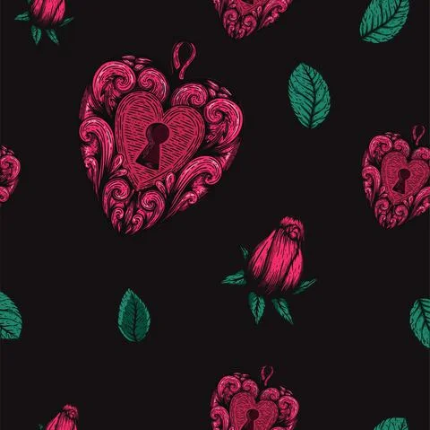 Seamless vector etching handdrawn pattern with roses, hearts, and leaves a dark Illustrazione stock