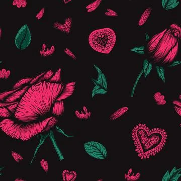 Seamless vector etching handdrawn pattern with roses, hearts, and leaves a dark Stock Illustration