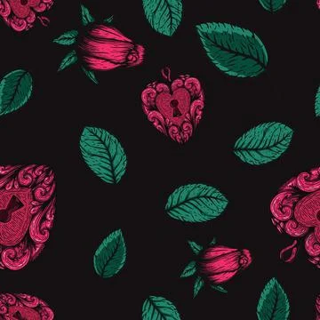 Seamless vector etching handdrawn pattern with roses, hearts, and leaves a dark Stock Illustration