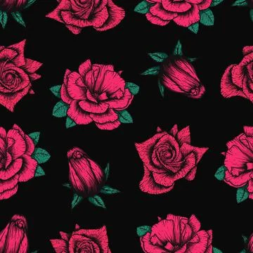 Seamless vector etching handdrawn pattern with roses, hearts, and leaves a dark Stock Illustration