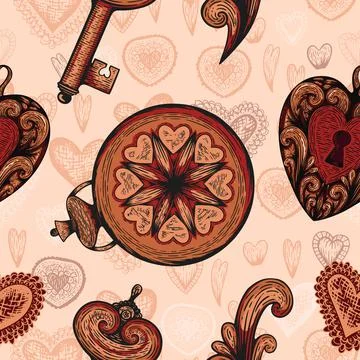 Seamless vector etching handdrawn pattern with stopwatches with hearts and love Stock Illustration
