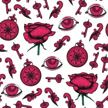 Seamless vector etching handdrawn pattern with roses, hearts, and leaves a dark Stock Illustration