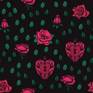 Seamless vector etching handdrawn pattern with roses, hearts, and leaves a dark Illustrazione stock