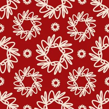 Seamless vector festive New Year pattern with abstract snowflakes on red ba.. Stock Illustration