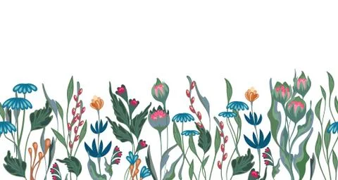 Seamless vector floral border with hand drawn herbs and flowers. Pattern endless Illustrazione stock