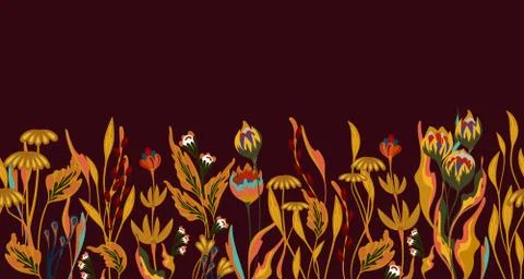 Seamless vector floral border with hand drawn herbs and flowers. Pattern endless Stock Illustration
