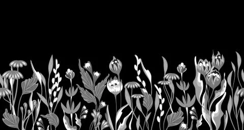 Seamless vector floral border with hand drawn herbs and flowers. Pattern endless Illustrazione stock