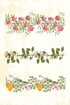 Seamless vector floral border. Seet pea flower, pink flowers bunch, cotton 스톡 일러스트