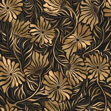 Seamless vector floral pattern with abstract gold hand drawn flowers and le.. Stock Illustration