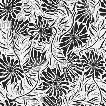Seamless vector floral pattern with abstract black and white hand drawn flo.. Stock Illustration