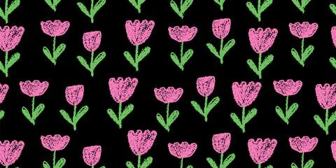 Seamless vector floral pattern with childish draw style, featuring tulip or bell Stock Illustration