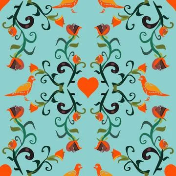 Seamless vector floral pattern of classic style birds and decorative swirly s Stock Illustration