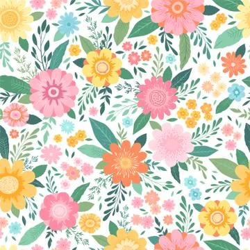 Seamless vector floral pattern with hand drawn colorful flowers, leaves and f Stock Illustration