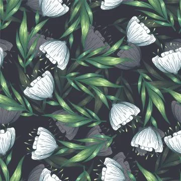 Seamless vector floral pattern with hand drawn white flowers and leaves. Temp Stock Illustration