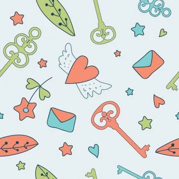 Seamless vector floral pattern. Love illustration of cute keys Stock Illustration