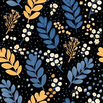 Seamless vector floral pattern with muted blue flower and leaf silhouettes Stock Illustration