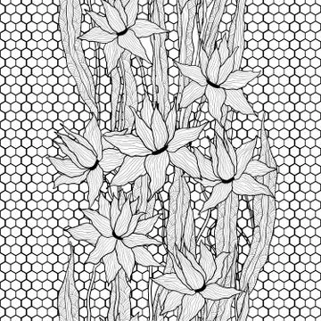 Seamless vector floral pattern. Royal lilies flowers with stylized doodle leaves Stock Illustration