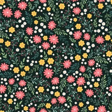 Seamless vector floral pattern with small hand drawn colorful flowers, leaves Stock Illustration